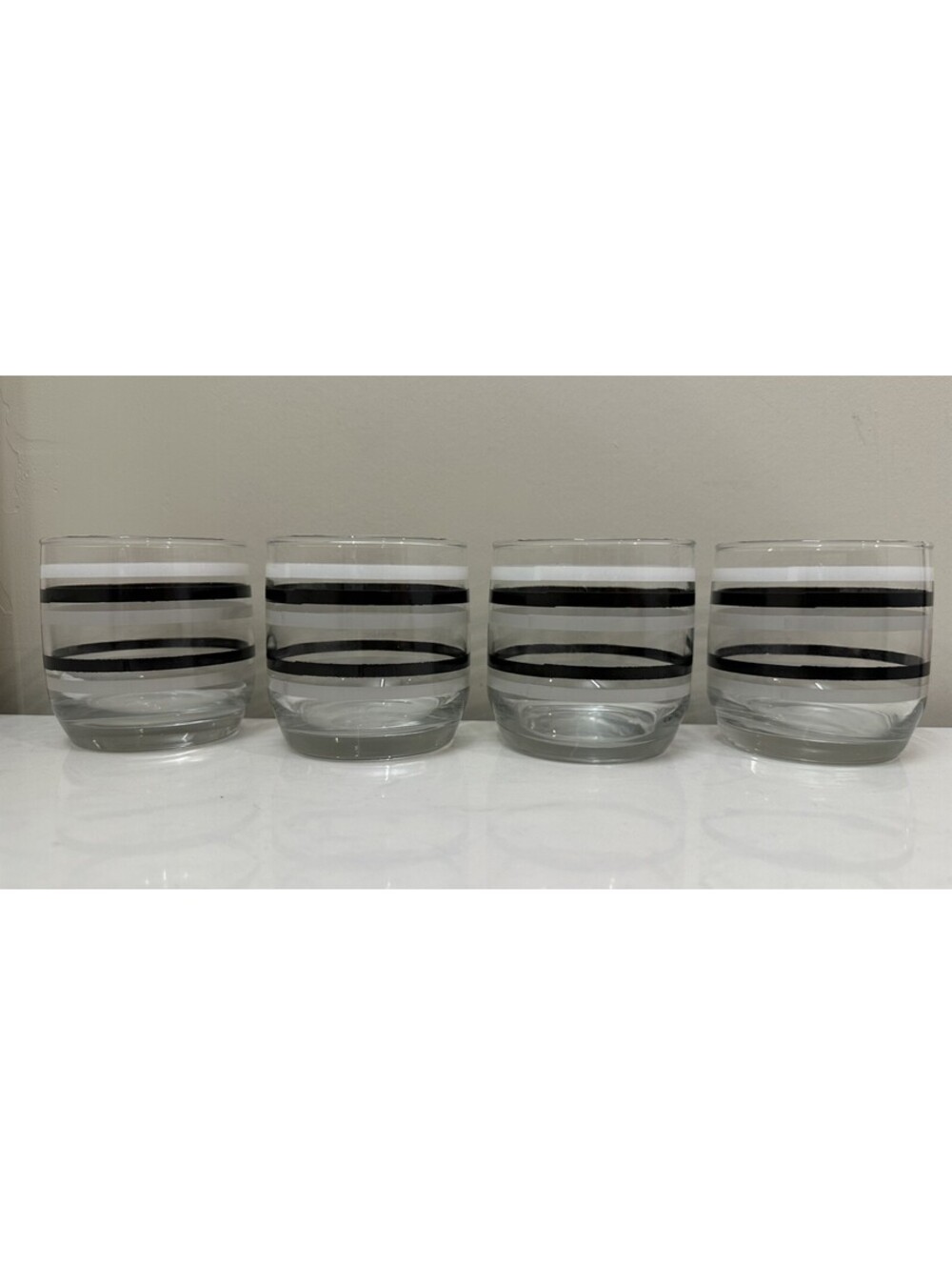 4 Vintage Anchor Hocking Retro Black White Striped 8oz Glass Tumbler 1989 Libbey